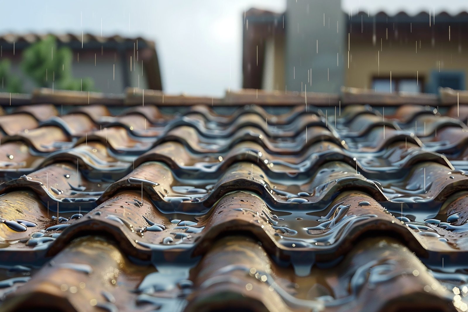 ai generative rainwater on the tile roof of a Japanese house