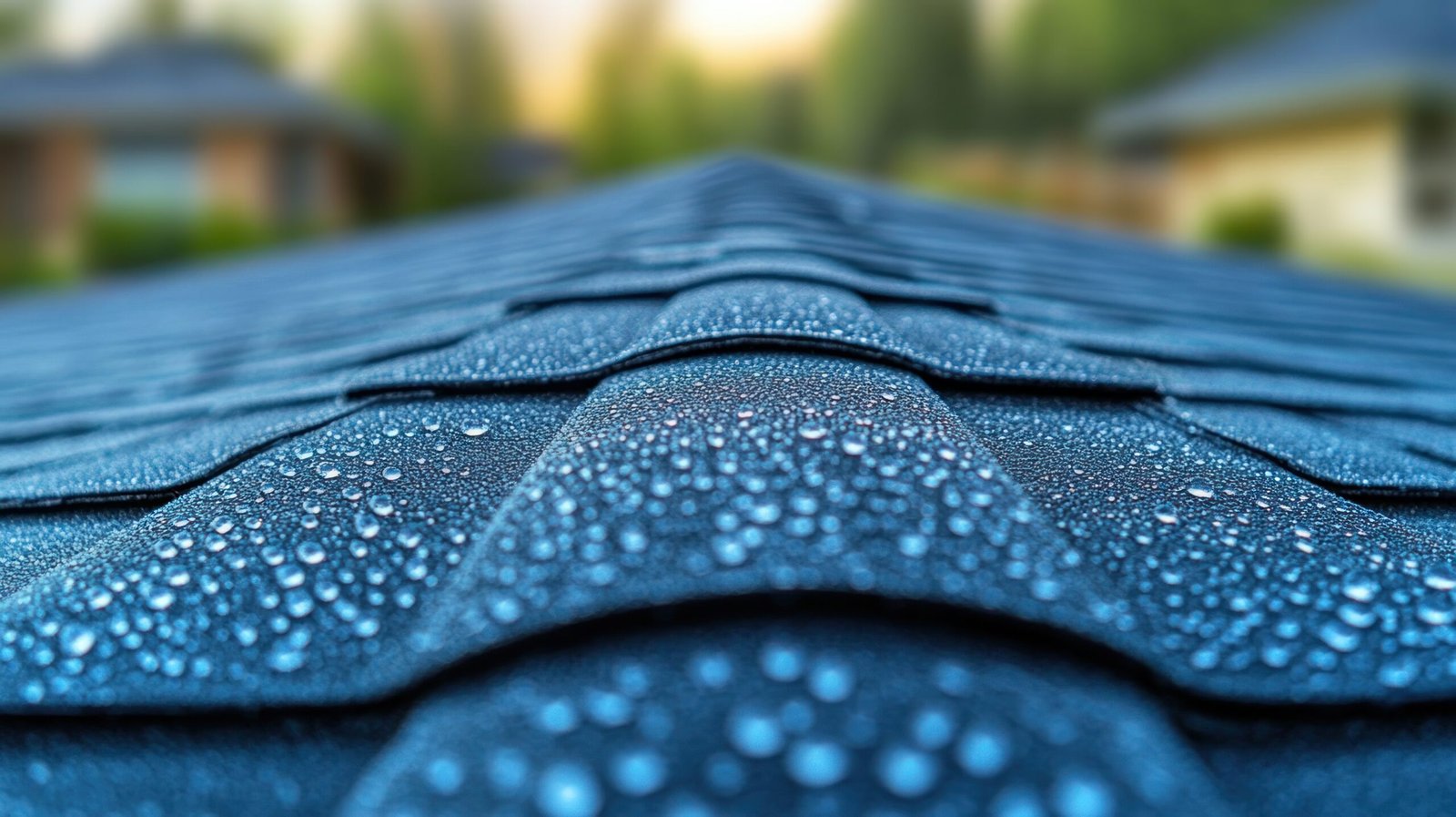 Fresh dew adorns rooftops, capturing the soft glow of sunrise in a tranquil suburban setting