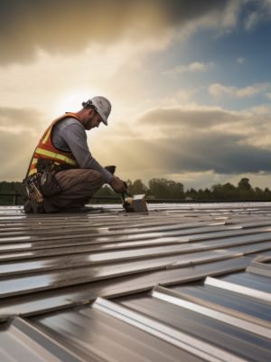 construction technician installing metal sheet roof and sky